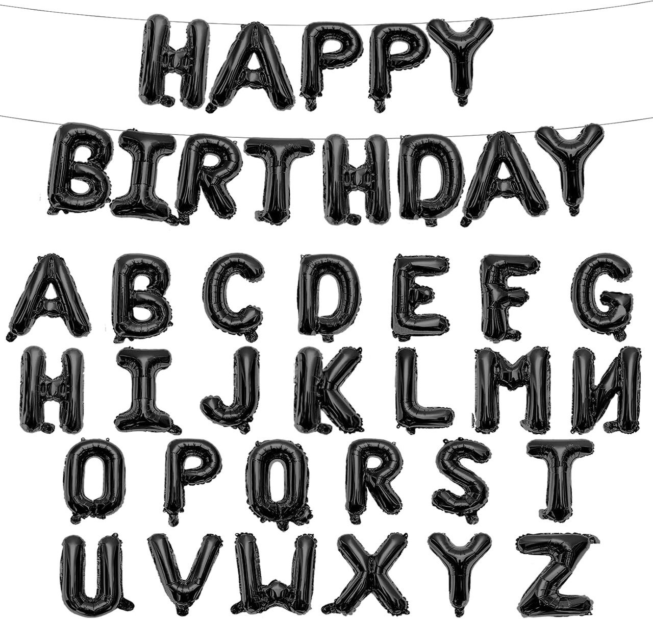 65-Piece 16-Inch Black Happy Birthday & A-Z Letter Balloons – DIY Custom Alphabet Mylar Balloon Banner for Birthdays, Holidays, and Parties (Black)